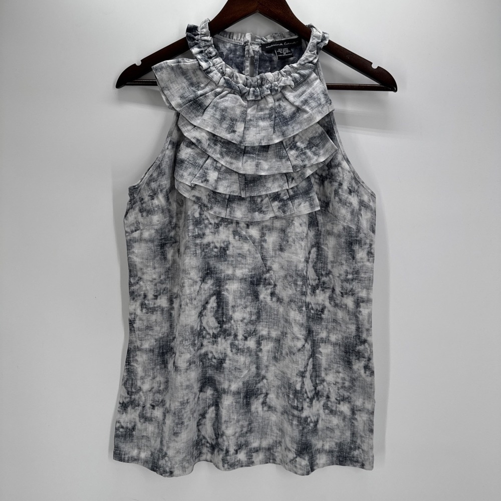 Marina Luna Women's Blue - White Linen Ruffle Front Sleeveless Blouse Top m